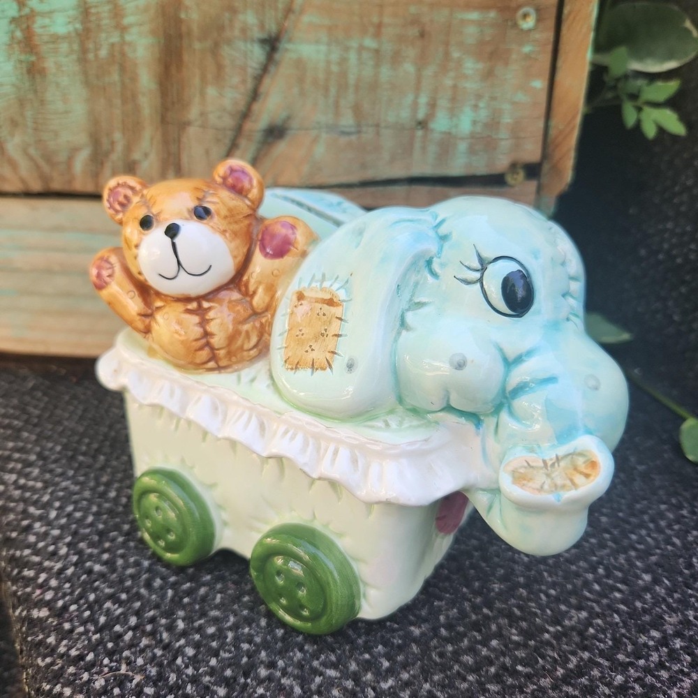 Vintage Ceramic Elephant Teddy Bear Train Car Coin Bank Whimsical Nursery Decor
